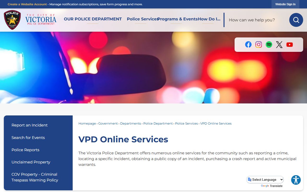 Victoria Police Department online services for reports and records
