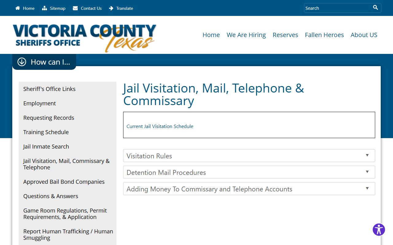 Victoria County Jail visitation mail phone and commissary FAQ page