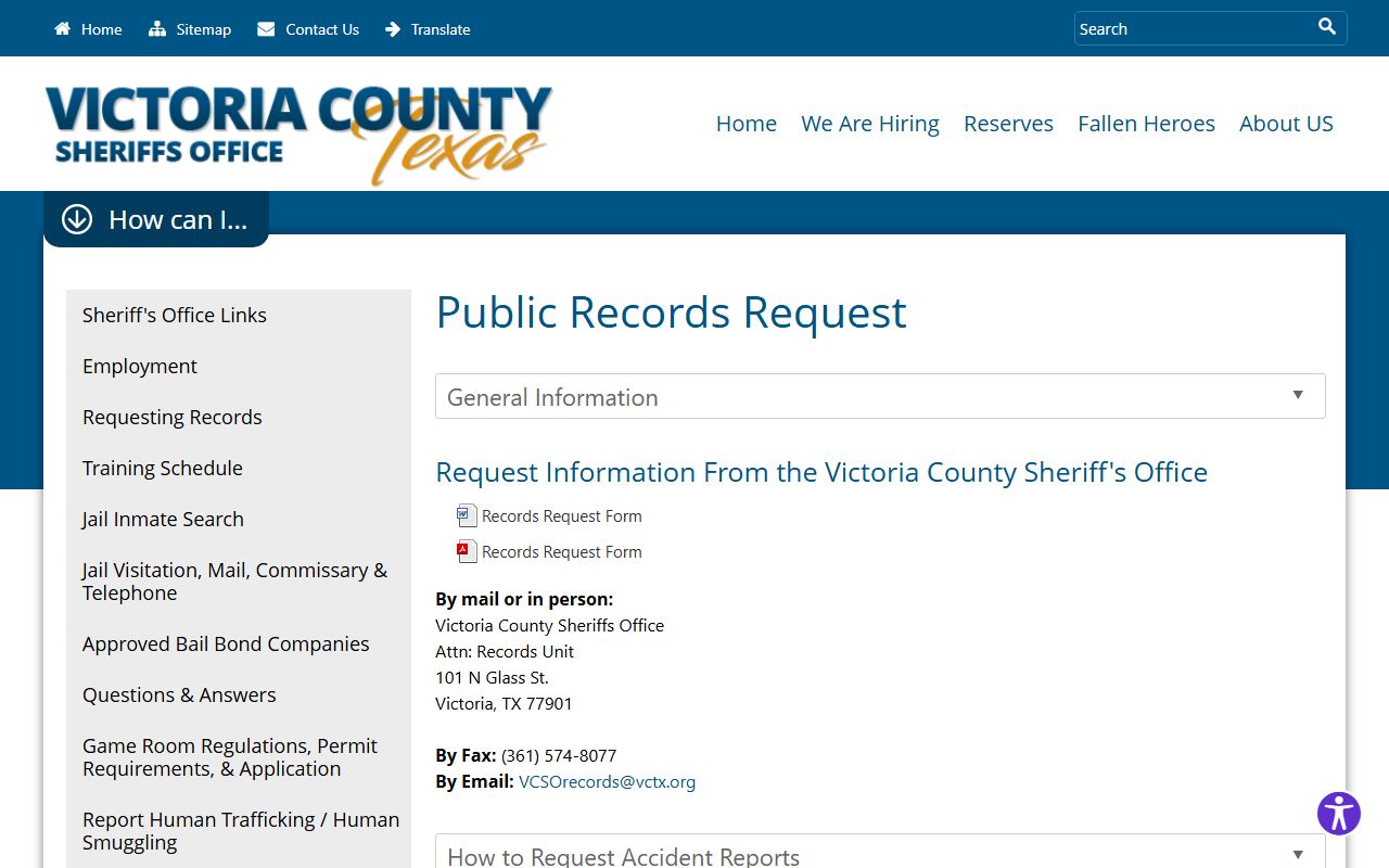 Victoria County inmate records request page for sheriff records