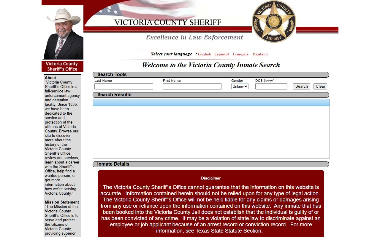 Victoria County inmate records search fields on the official jail roster